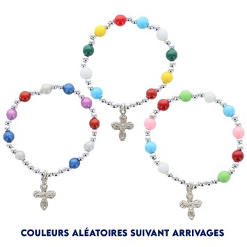 Bracelet dizainier sur elastique pour enfant avec grains saturne multicolore Ø 6 mm avec croix metal ou medaille