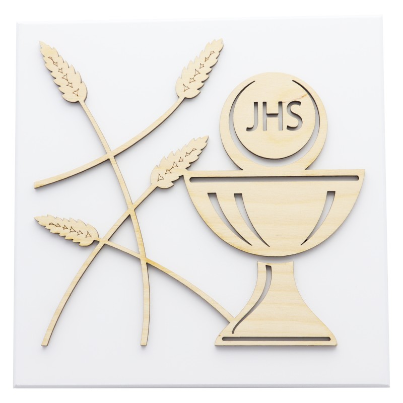 Cadre en bois blanc avec sujet communion en bois découpé au laser à poser ou à suspendre H. 14,5 x 14,5 cm.