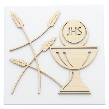 Cadre en bois blanc avec sujet communion en bois découpé au laser à poser ou à suspendre H. 14,5 x 14,5 cm.