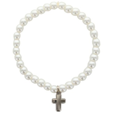 Bracelet sur -eacute-lastique grains rond en verre de couleur blanc- -Oslash- 6 mm avec une croix en m-eacute-tal-