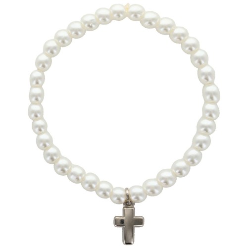 Bracelet sur élastique grains rond en verre de couleur blanc, Ø 6 mm avec une croix en métal.