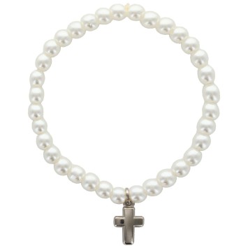 Bracelet sur élastique grains rond en verre de couleur blanc, Ø 6 mm avec une croix en métal.