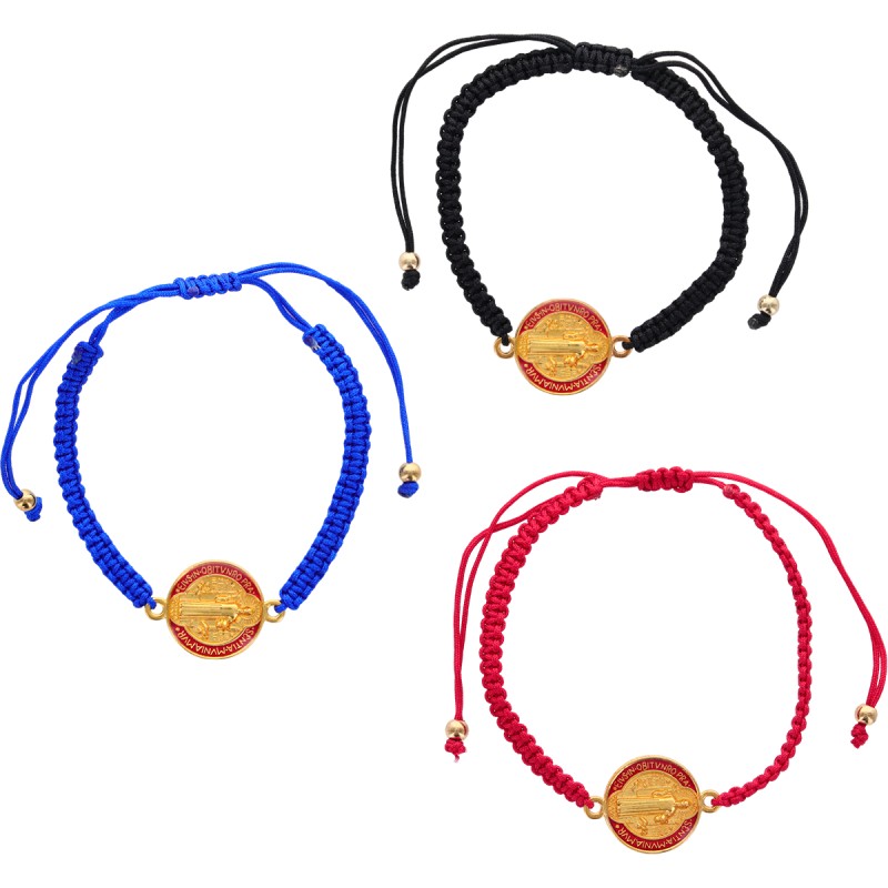 Bracelet sur corde reglable assorti avec medaille de Saint Benoit emaillee Ø 1,7 cm doree. LOT DE 6 ASS
