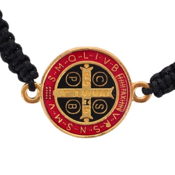 Bracelet sur corde reglable assorti avec medaille de Saint Benoit emaillee Ø 1,7 cm doree. LOT DE 6 ASS