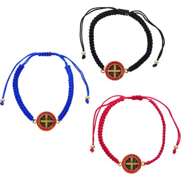 Bracelet sur corde reglable assorti avec medaille de Saint Benoit emaillee Ø 1,7 cm doree. LOT DE 6 ASS