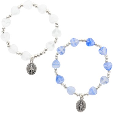 Bracelet dizainier sur élastique pour enfant avec grains forme cœur en verre Ø 7 mm et avec medaille Vierge miraculeuse.