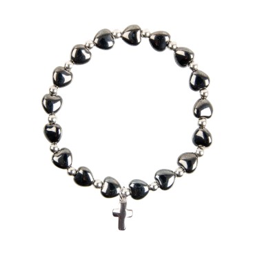 Bracelet sur élastique grains en hématite forme cœur Ø 8 mm, avec croix métal.