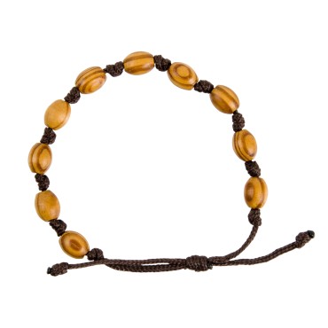 Bracelet dizainier sur corde réglable grains ovales en bois d'olivier avec croix , Ø 9 mm.