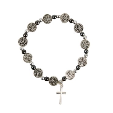Bracelet sur elastique grains medaille arbre de vie et grains en hematite, Ø 9 mm, avec croix metal.