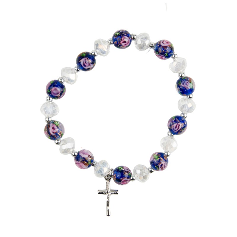 Bracelet dizainier sur elastique grains semi cristal et grains verre avec fleur incrustee, Ø 5 mm avec croix.