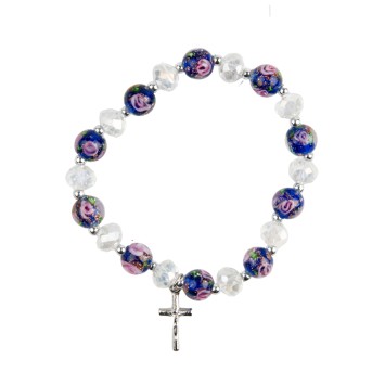 Bracelet dizainier sur elastique grains semi cristal et grains verre avec fleur incrustee, Ø 5 mm avec croix.