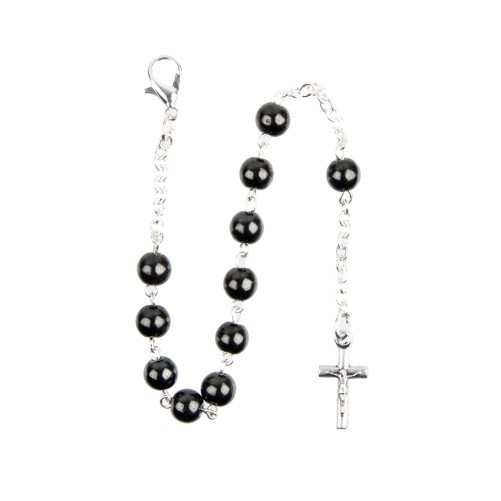 Bracelet dizainier sur chaine couleur argentée grains ronds en hématite, Ø 3 mm, avec croix métal.