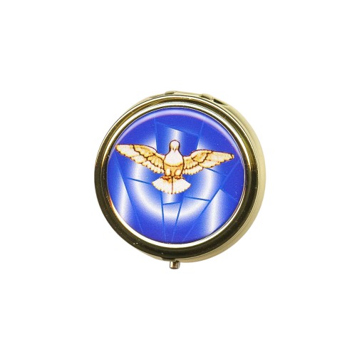 Custode hosties en métal couleur dorée ou argentée plaque résine esprit saint bleue Ø 5 cm.