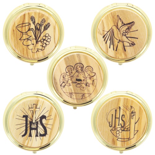 Custode hosties en metal plaque en bois d olivier Ø 5 cm, plusieurs modeles.