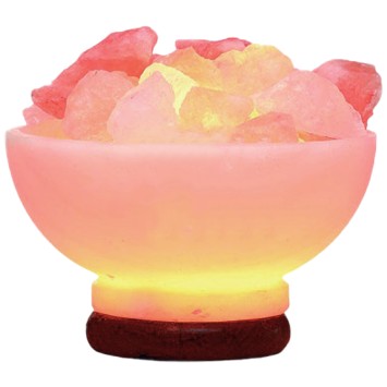 Lampe forme bol rond avec morceaux de sel de l Himalaya. socle bois livree en boite avec cordon et ampoule