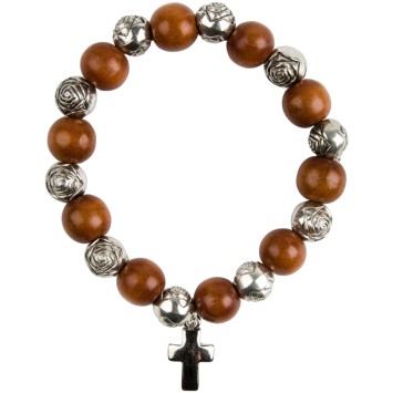 Bracelet dizainier sur elastique grains bois et grains forme rose Ø 1 cm avec croix metal.