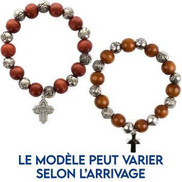 Bracelet dizainier sur elastique grains bois et grains forme rose Ø 1 cm avec croix metal.