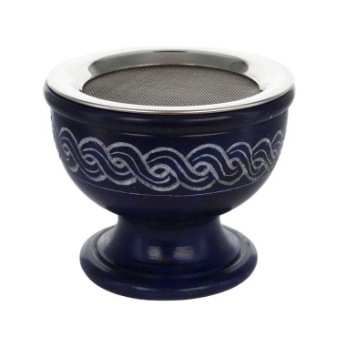 Brûle-encens en stéatite bleue gravée avec grille, H 7 cm, Ø 9 cm. Livré en boîte individuelle.