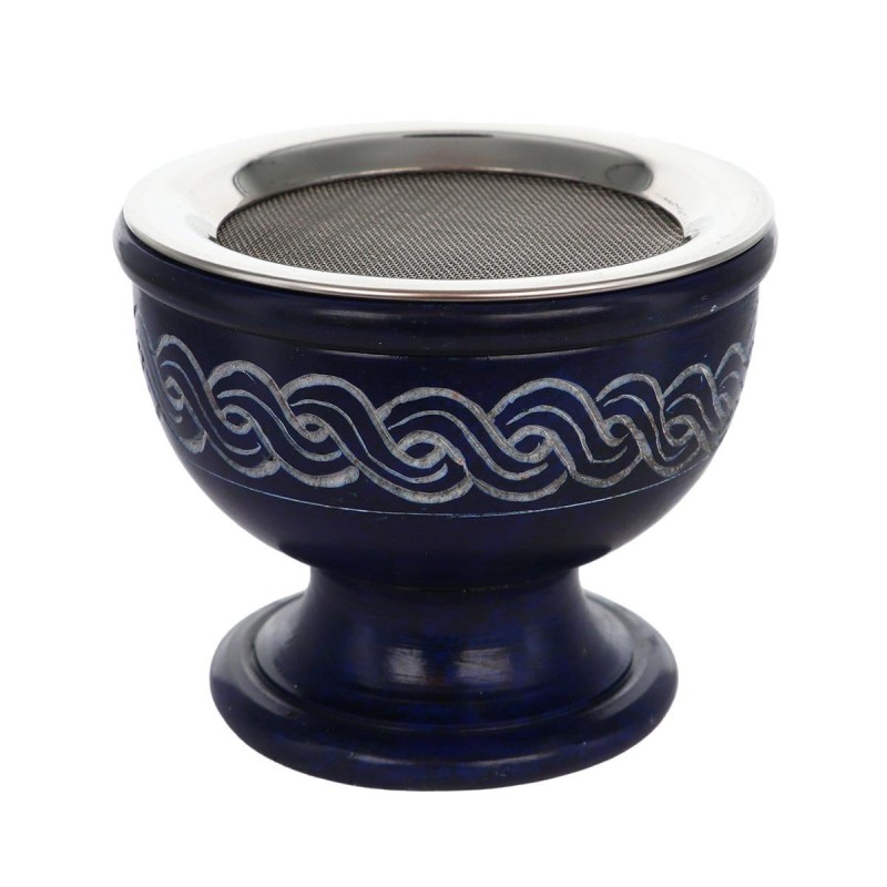 Brûle-encens en stéatite bleue gravée avec grille, H 7 cm, Ø 9 cm. Livré en boîte individuelle.