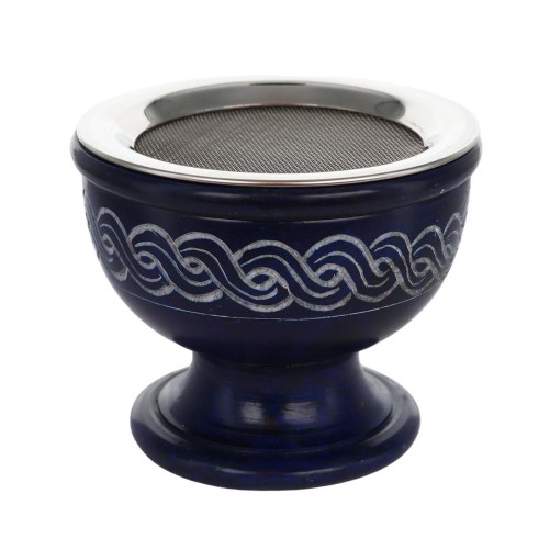 Brûle-encens en stéatite bleue gravée avec grille, H 7 cm, Ø 9 cm. Livré en boîte individuelle.