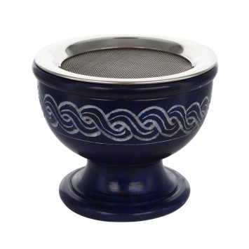 Brûle-encens en stéatite bleue gravée avec grille, H 7 cm, Ø 9 cm. Livré en boîte individuelle.