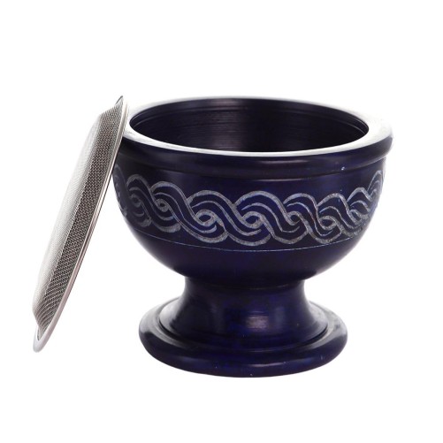 Brûle-encens en stéatite bleue gravée avec grille, H 7 cm, Ø 9 cm. Livré en boîte individuelle.