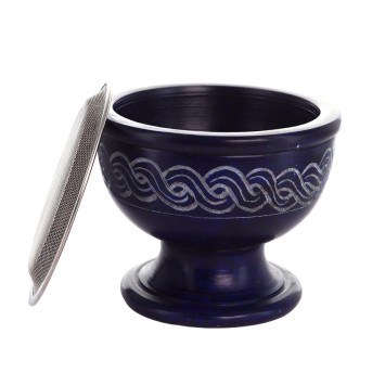 Brûle-encens en stéatite bleue gravée avec grille, H 7 cm, Ø 9 cm. Livré en boîte individuelle.