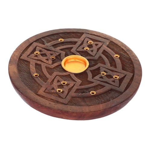 Brûle-encens en bois de manguier, motif croix en relief, pour bâtonnets ou cônes, Ø 9 cm.