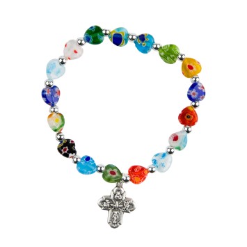 Bracelet sur élastique grains imitation Murano forme cœur Ø 8 mm, avec croix.