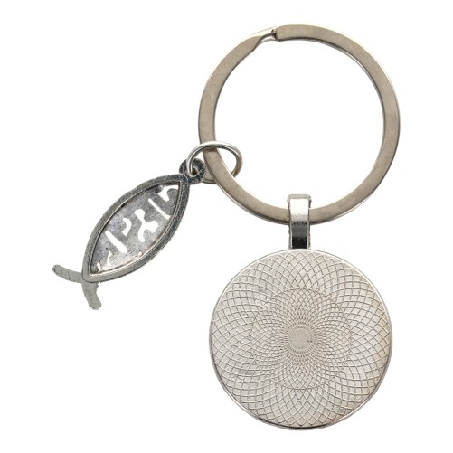 Porte-clés du christ en verre avec pendentif de l'Ichtus, hauteur 6 cm.