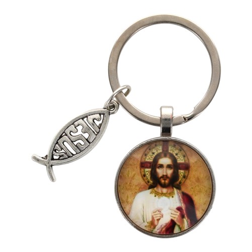 Porte-clés du christ en verre avec pendentif de l'Ichtus, hauteur 6 cm.
