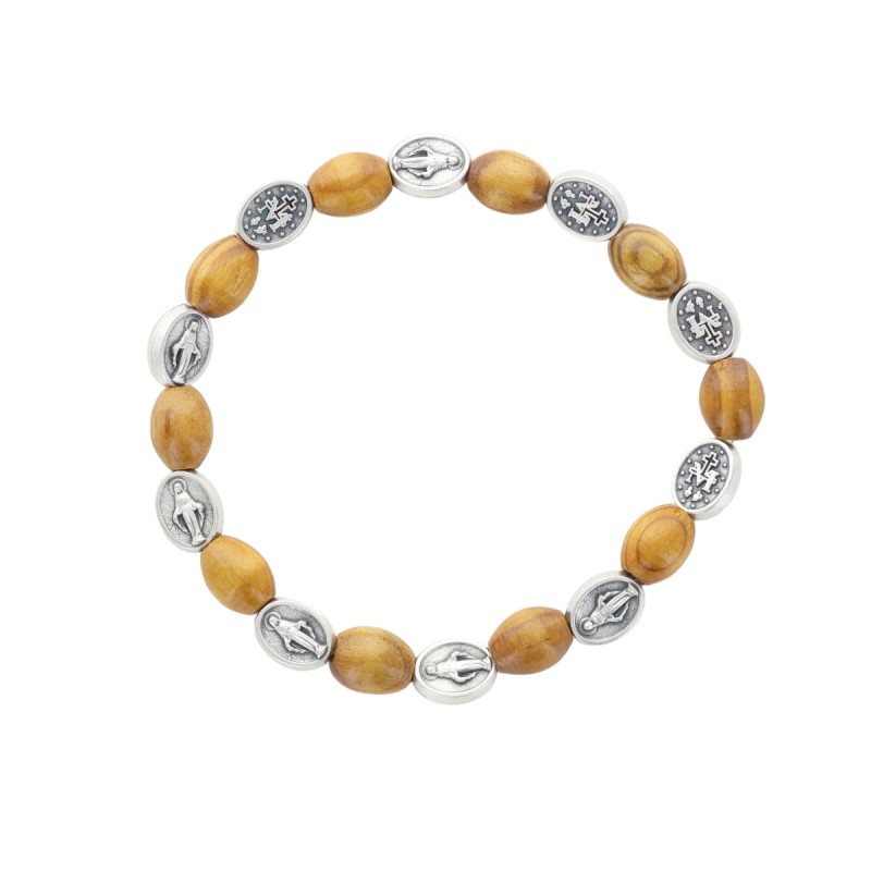 Bracelet dizainier sur élastique avec médailles de la Vierge Miraculeuse et grains en bois Ø 9 mm .