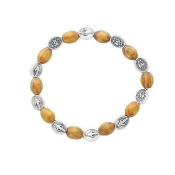 Bracelet dizainier sur élastique avec médailles de la Vierge Miraculeuse et grains en bois Ø 9 mm .