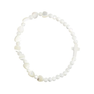 Bracelet dizainier sur élastique grains en nacre forme cœur Ø 8 mm avec croix.
