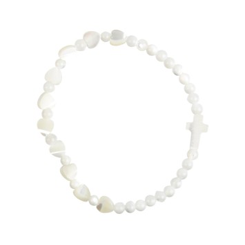Bracelet dizainier sur élastique grains en nacre forme cœur Ø 8 mm avec croix.