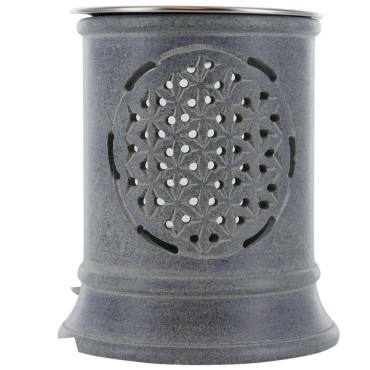 Brûle-encens photophore en stéatite ajourée Fleur de Vie, avec grille et bougie, H 10 cm, Ø 9 cm. Livré en boîte.