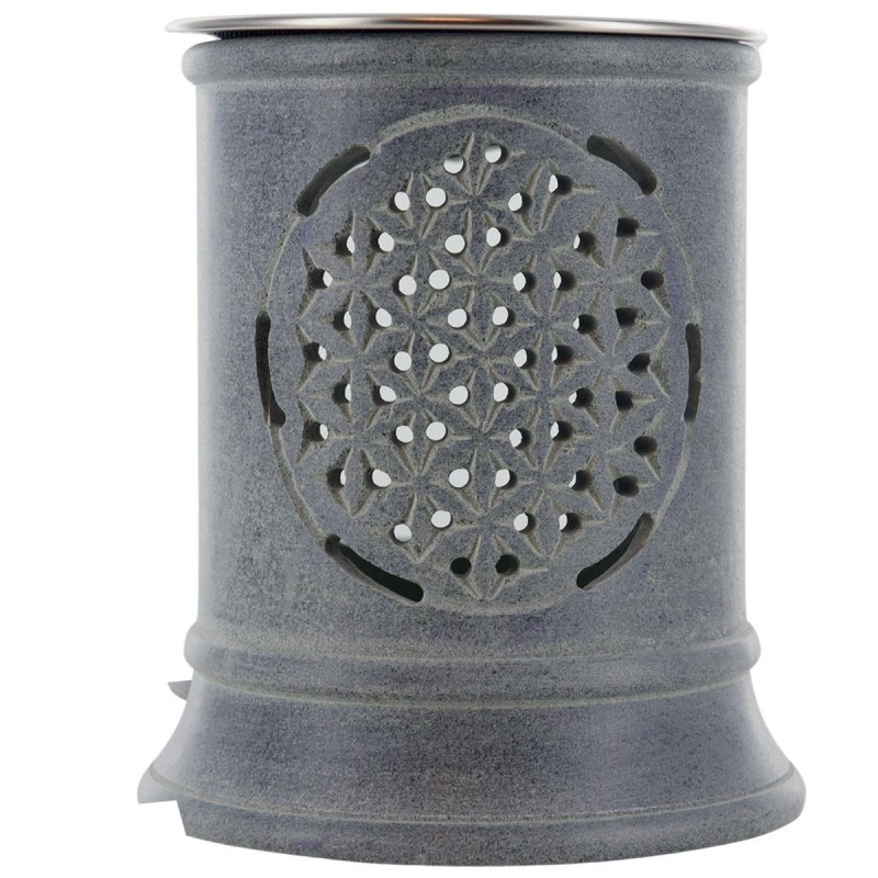 Brûle-encens photophore en stéatite ajourée Fleur de Vie, avec grille et bougie, H 10 cm, Ø 9 cm. Livré en boîte.