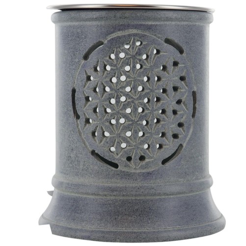 Brûle-encens photophore en stéatite ajourée Fleur de Vie, avec grille et bougie, H 10 cm, Ø 9 cm. Livré en boîte.