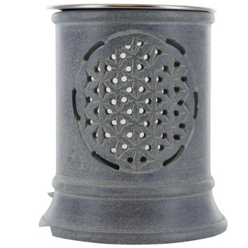 Brûle-encens photophore en stéatite ajourée Fleur de Vie, avec grille et bougie, H 10 cm, Ø 9 cm. Livré en boîte.