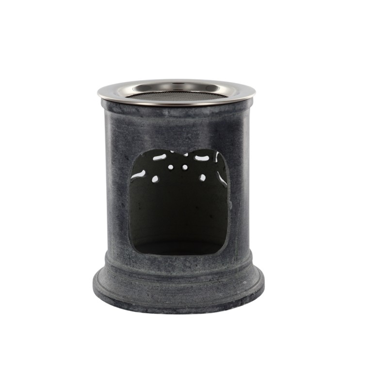 Brûle-encens photophore en stéatite ajourée Arbre de Vie, avec grille et bougie, H 10 cm, Ø 9 cm. Livré en boîte.