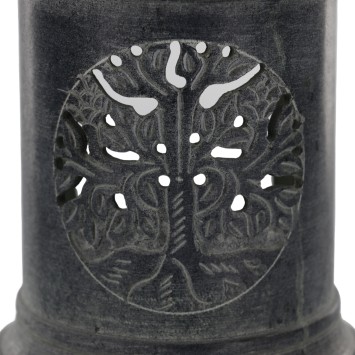 Brûle-encens photophore en stéatite ajourée Arbre de Vie, avec grille et bougie, H 10 cm, Ø 9 cm. Livré en boîte.