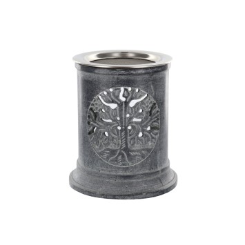 Brûle-encens photophore en stéatite ajourée Arbre de Vie, avec grille et bougie, H 10 cm, Ø 9 cm. Livré en boîte.