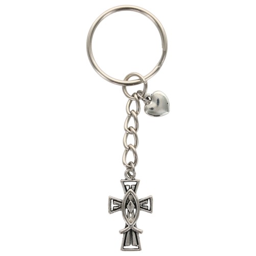 Porte-cles croix avec Ichtus et breloque cœur, hauteur 8 cm