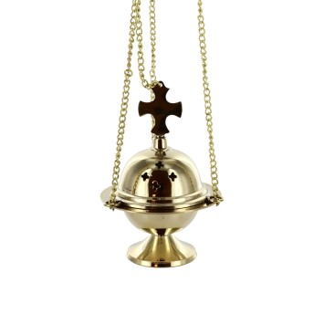 Brûle-encens en laiton avec croix et chaînes, H 13 cm, Ø 6 cm, chaînes L 24 cm. Livré en boîte individuelle.