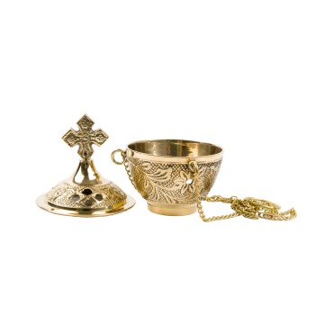 Brûle-encens ciselé avec croix et chaîne, H 10 cm, Ø 6 cm.