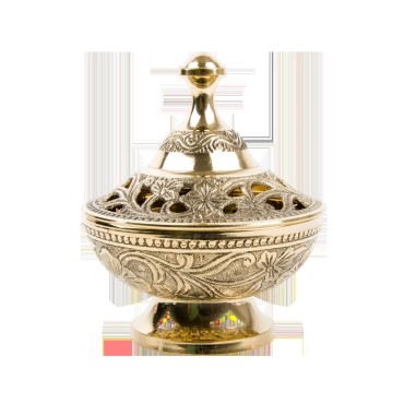 Brule encens en laiton ciselet avec grille, hauteur 12 cm, Ø 9.5 cm. Livre en boite individuelle.