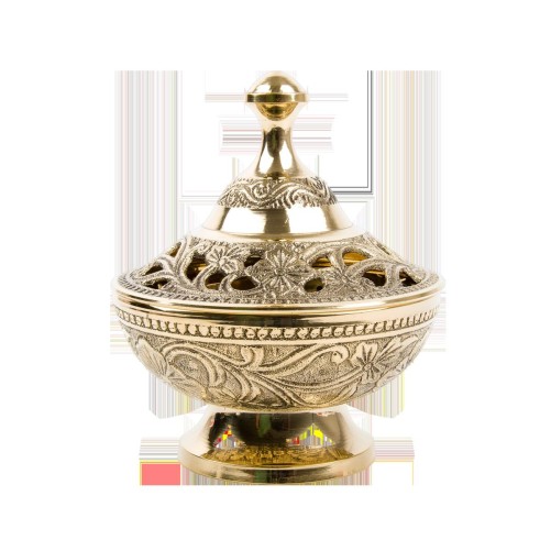 Brule encens en laiton ciselet avec grille, hauteur 12 cm, Ø 9.5 cm. Livre en boite individuelle.