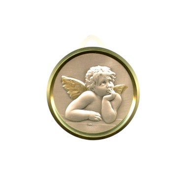 Médaille de berceau plaque laminée en argent Ø 5 cm livrée avec rubans bleu et rose, Ange Raphaël.
