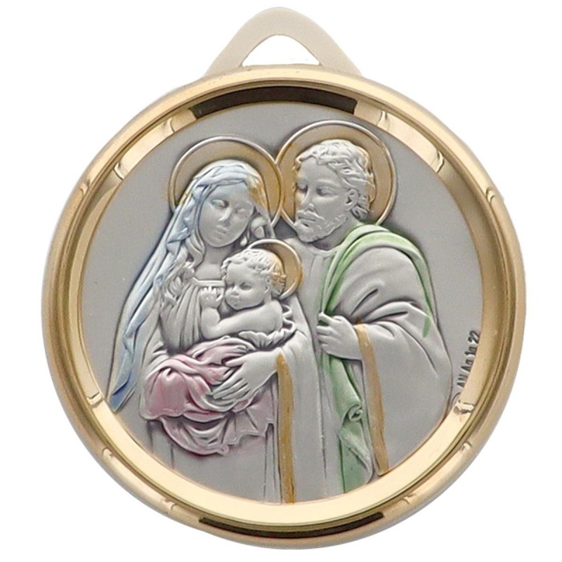 Medaille de berceau plaque laminee en argent Ø 5 cm livree avec rubans bleu et rose, de la Sainte Famille.