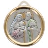 Medaille de berceau plaque laminee en argent Ø 5 cm livree avec rubans bleu et rose, de la Sainte Famille.